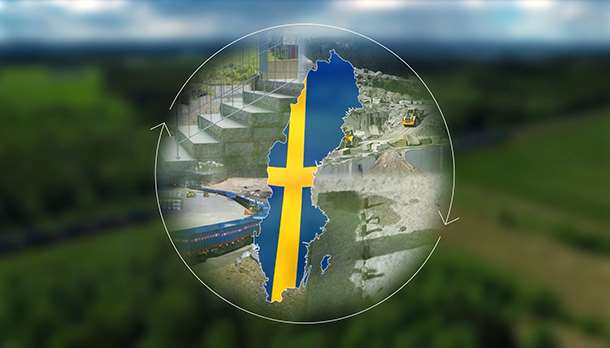 Illustration över att Benders Bohusgranit både bryts, produceras, förädlas och transporteras inom Sverige.